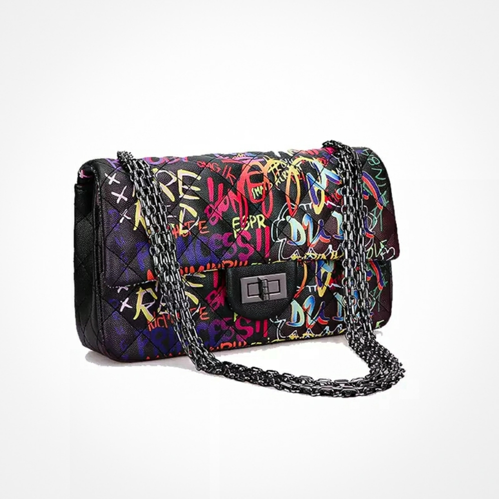 Multicolor Graffiti Shoulder Handbag Bag (BLACK)